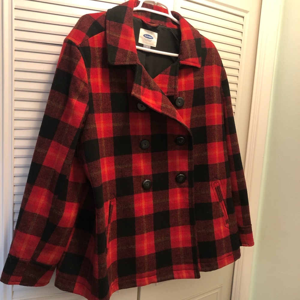 Brand new red plaid wool peacoat